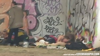 Public Threesome With Homeless Couple And Voyeur